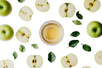 Fresh apples and apple juice on a white background. Top wiew. 
