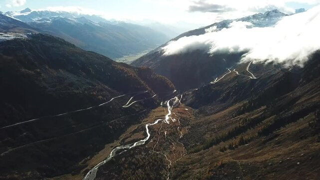 Aerial views of the Furkapass, Rh&ocirc;ne River, Gletsch, Grimselpass in Switzerland.