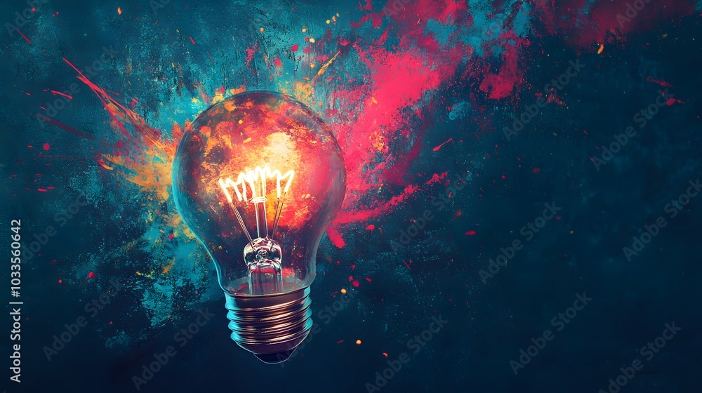 Poster glowing light bulb surrounded by exploding paint splatter