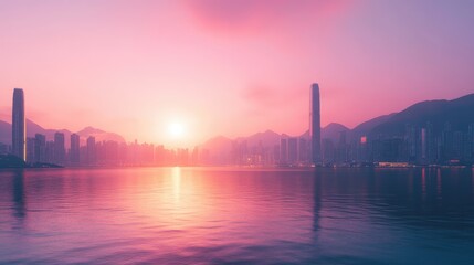 The city is located on the sea, surrounded by mountains and sky at dusk