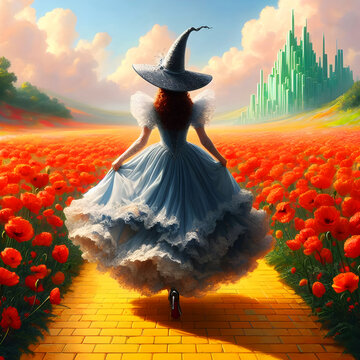 Glinda walking on the yellow brick road paved by red poppies from OZ