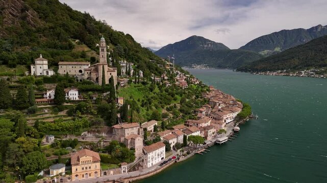 Village shore of Lugano lake Morcote Switzerland canton of Ticino aerial