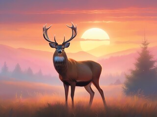 A serene majestic illustration of a deer standing in a misty landscape at sunset