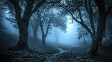 The scene is surrounded by trees with slender trunks, forming an almost invisible path leading into the darkness in front of them