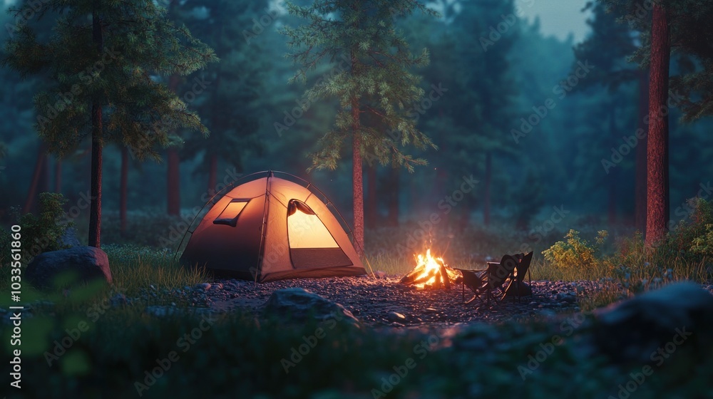 Poster a single tent set up in a dark forest with a campfire burning in front of it.
