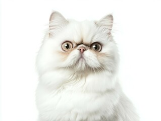 White persian cat portrait. Fluffy white Persian cat with curious expression, big eyes and pink nose, looking at camera with interest.