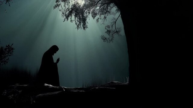 
A dramatic silhouette of jesus praying in the garden of gethsemane, symbolizing reflection and contemplation before betrayal. The dark backdrop adds to the emotional intensity of the moment.
