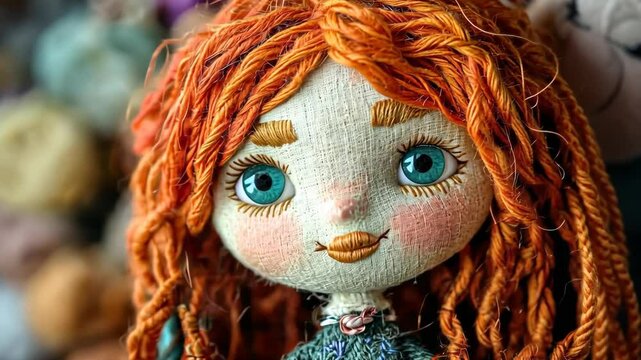 A handmade doll with bright blue eyes and long, braided red hair smiles at the camera