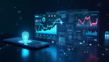 Various digital financial data and stock charts displayed on glowing screens, showing performance trends and analytics. The image captures a high-tech, data-driven business environment.