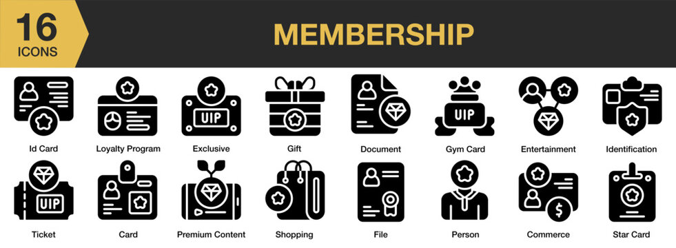 Membership solid icon set. Includes ticket, star card, shopping, person, loyalty program, and More. Solid icons vector collection.