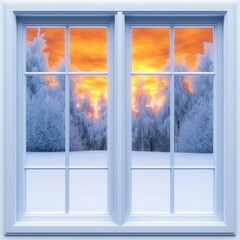 Frosty Window with Icy Patterns at Sunset