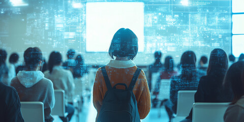 3d Group of students, teaching and digital technology concept. Classroom setting double exposure with digital concept.