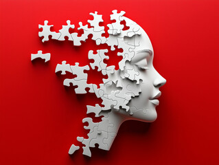 Mental health concept.3d white puzzle pieces coming together to form the shape of an woman's head on red background