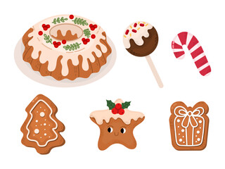 Set with illustrations of sweets for Christmas and New Year. Cupcake, sweets, gingerbread, candycane in flat style.