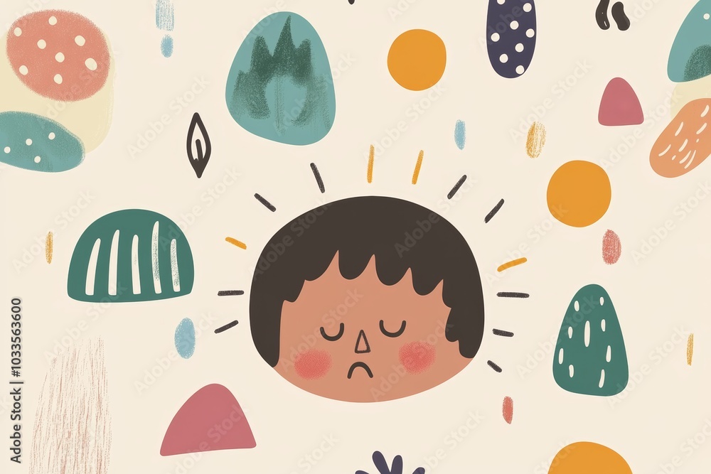 Poster a child with a thoughtful expression surrounded by colorful abstract shapes in a whimsical setting