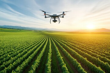 Aerial view of a drone surveying a lush green vineyard during sunset, showcasing modern agriculture technology in action.