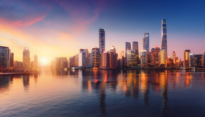 Fototapeta premium Sunset Over Modern City Skyline