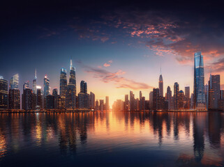 Fototapeta premium Sunset Over Modern City Skyline on Water
