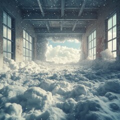 A surreal interior space filled with clouds and natural light.