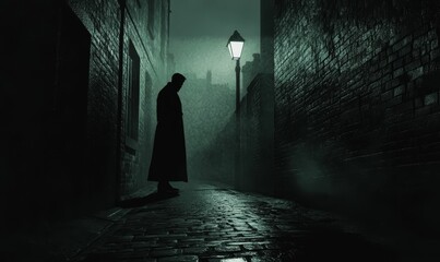 Silhouette of a man in a foggy alleyway.