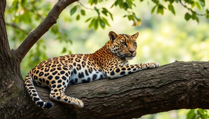 Obraz premium Graceful Leopard Resting on a Branch in Nature