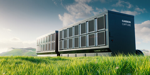 3D rendering of a carbon capture device in a green landscape, symbolizing innovation in climate technology and the pursuit of a sustainable future.