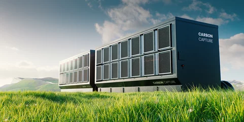 3D rendering of a carbon capture device in a green landscape, symbolizing innovation in climate technology and the pursuit of a sustainable future. © malp