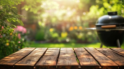 Outdoor garden scene with wooden table, grill, and lush greenery