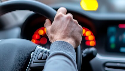 A close-up of the driver's hands on the wheel, carefully steering through traffic during a morning commute.