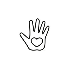 Heart icon inside a palm. The hand holds a heart in an open palm. Outline vector.