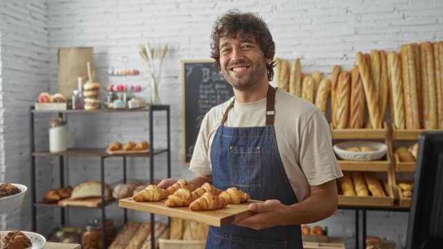 Young man holding croissants in a bakery with shelves of bread and pastries in the background