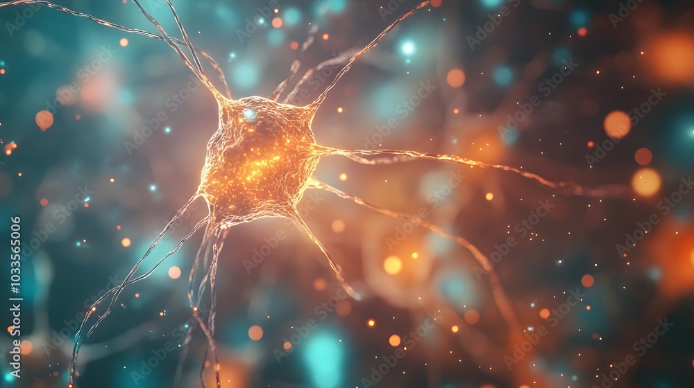 Poster a close-up of a neuron cell with intricate branches and glowing points