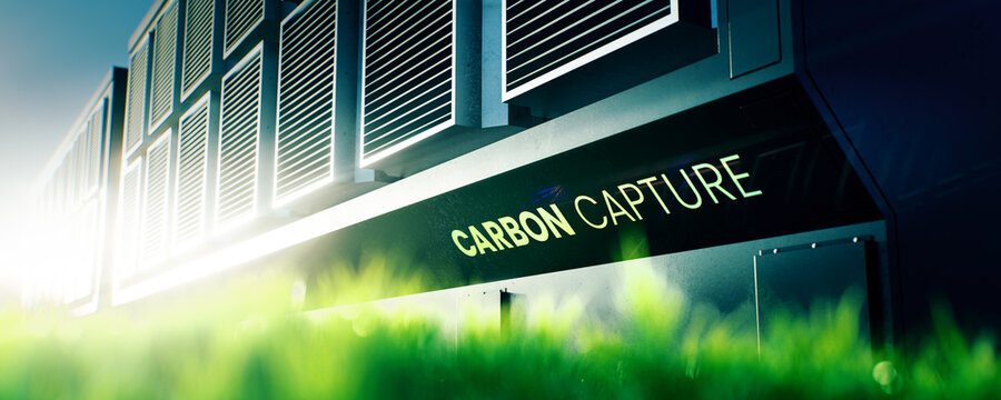 3D rendering of a carbon capture device in a green landscape, symbolizing innovation in climate technology and the pursuit of a sustainable future.