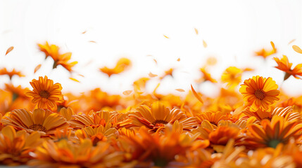 Decorations for Indian holidays made of yellow flowers.low angle view of marigold flowers on the floor , perspective view , isolated on white solid background, png.Flowers for Indian garland mala