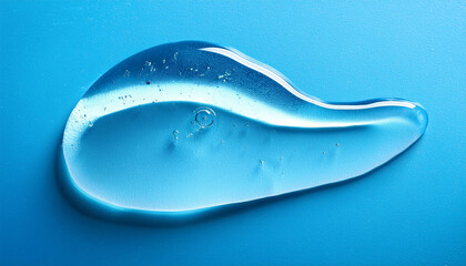Obraz premium Transparent gel smear, drop. Liquid cream gel cosmetic smudge texture on blue background. Cosmetics serum gel, hyaluronic acid cream background, facial treatment.