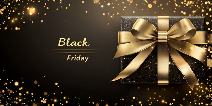 Black and gold background with the text “Black Friday”, gold ribbon on the black gift box, and shiny lights. - Powered by Adobe