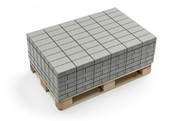 Stack of grey concrete pavement bricks placed on pallet - 3d rendering