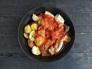 Siomay or Indonesian traditional foods on the wooden table, Indonesian cuisine culinary. 