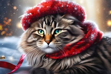 Closeup view of a cat in winter snowfall and giving the vibe of Christmas