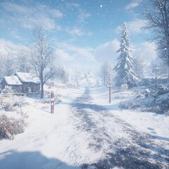 Naklejka premium A serene winter landscape with a snowy path and a cozy cabin.