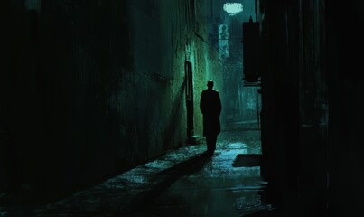 Silhouette walks down dark, narrow alley.