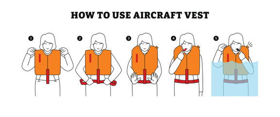 How to aircraft vest or airplane life jacket step by step instruction infographic poster design, stewardess explain how to use life vest in danger situation, flight attendant. Vector illustration.