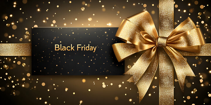 Black and gold background with a golden ribbon bow on the right side, text "Black Friday" in the center of the banner, shiny lights with golden light. 