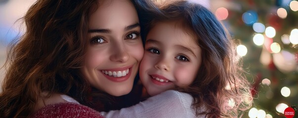 A close-up of a mother and child smiling and embracing by the holiday tree, capturing the magic of Christmas.