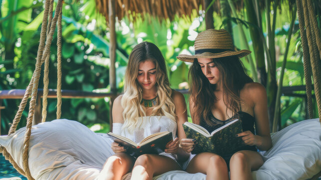 Two young women reading on balines bed in nature during vacation - Adventure and holiday concept - Models by AI generative