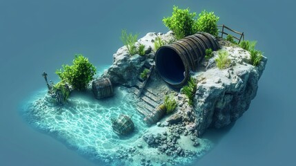 Eerie Pirate Ship Map Adrift in Misty Waters with Skeleton Crew - 3D Illustration of Spooky Nautical Scene