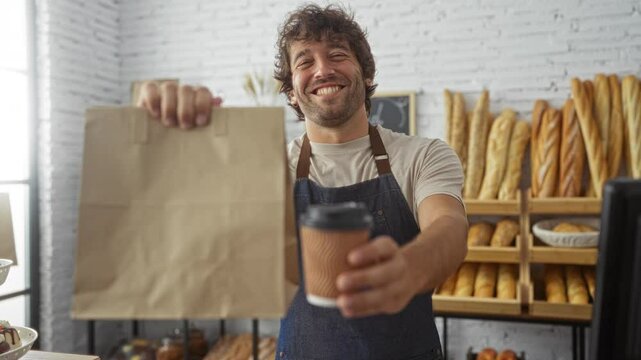 Young man in a bakery holding a paper bag and a coffee cup, standing in front of shelves filled with various breads