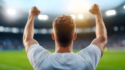 Excited football supporters throwing their hands in the air with joy and enthusiasm after their team scored a winning goal in a tense match