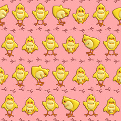 Seamless Easter pattern with cute chicks. Inflated Puffy style. Seamless Tileable Patterns. Endless texture for wallpaper, packaging, wrapping paper and etc.