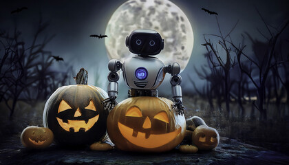 A cheerful robot surrounded by spooky Halloween pumpkins under a full moon, showcasing a fun twist on holiday festivities.